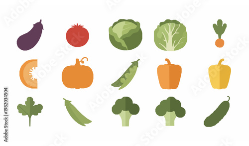 Vegetable icon set flat vector eggplant tomato cabbage pumpkin pepper peas broccoli cucumber