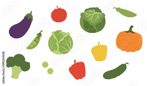 Colorful vegetable collection flat cartoon vector eggplant tomato cabbage pumpkin pepper peas