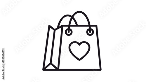 Minimalist black line vector icon of a shopping bag with a heart symbol, representing love for shopping, gift giving, retail therapy, and boutique commerce, isolated on a white background.