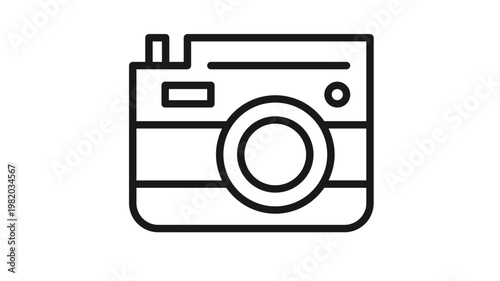 Minimalist black line art camera vector icon illustration. Retro film camera symbol for photography, digital media, and creative design projects. Clean scalable graphic element for web and print.