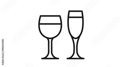 Minimalist black line art vector icon of two wine glasses, including a standard wine glass and a champagne flute, symbol for celebration, dining, bar, restaurant, party, and luxury drinks.
