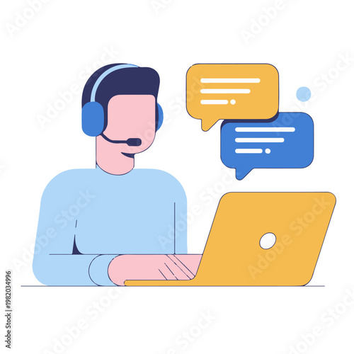 Customer Service Representative Working on Laptop with Chat Bubbles Vector Illustration.