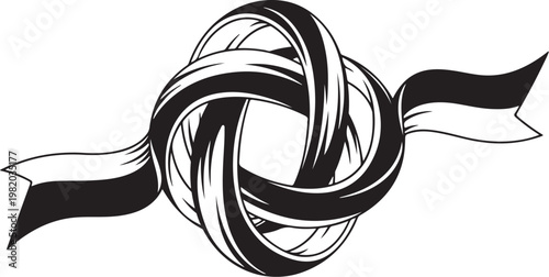 Black and white ribbon knot, vector knot illustration, ribbon curl, decorative knot, elegant design element
