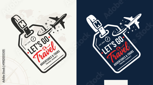 Modern Travel Logo Design with Airplane and Luggage Tag – Let’s Go Travel Vector