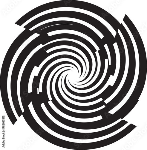 Black maze spiral, circular labyrinth, swirling tunnel, abstract design element