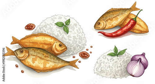 Gourmet seafood and rice meal illustration featuring fried fish with spicy sauce and aromatic herb garnishes.