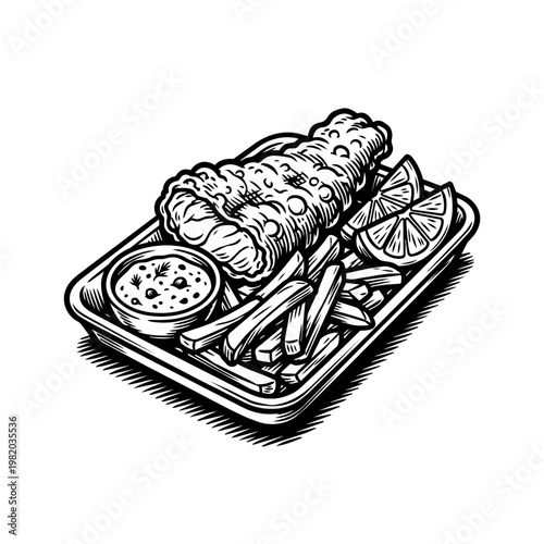 A black and white hand-drawn illustration of traditional fish and chips with tartar sauce, lemon wedges, and fries in a tray.