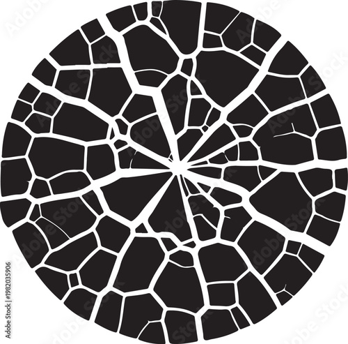 Cracked, broken glass circle, shattered black and white vector, cracked surface texture