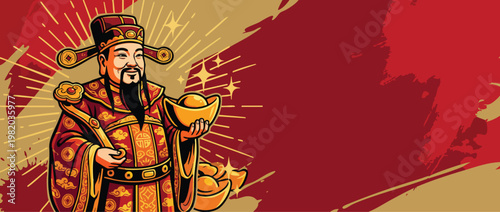 Caishen Figure in Festive Robes Holding Gold Ingots for Prosperity Celebrations