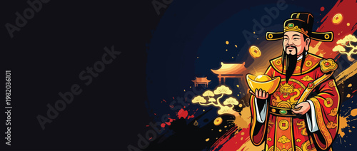 Caishen Figure with Gold Ingots and Festive Robes for Prosperity Banner Design