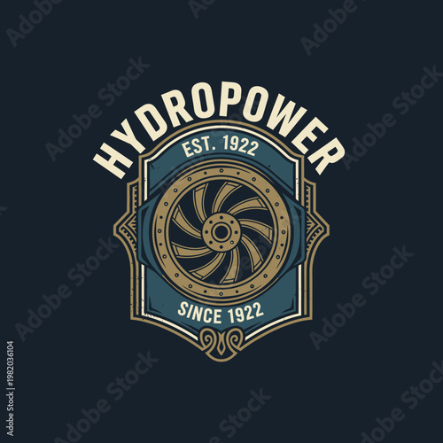 Hydropower logo with turbine and vintage design.