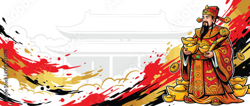 Caishen Figure with Gold Ingots and Festive Robes for Prosperity Designs