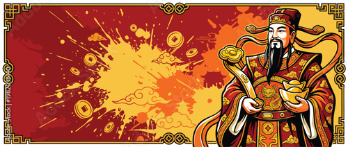 Caishen Figure with Gold Ingots and Festive Robes on a Prosperity Background