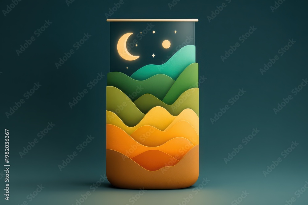 Obraz premium Abstract Gradient Cylinder Displays Night Scene with Moon and Stars