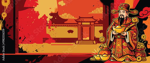 Caishen Fortune God Wearing Festive Robes with Gold Ingots Displaying Wealth Prosperity