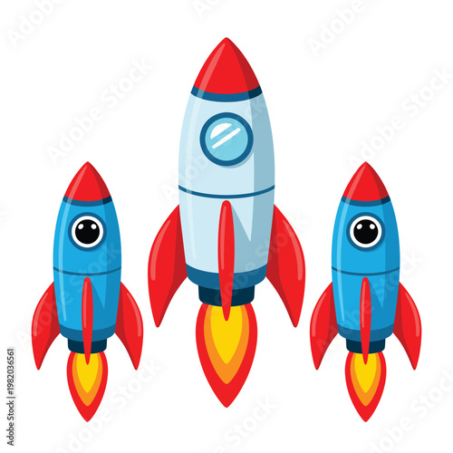 cartoon space rockets vector illustration in red white and blue colors for space exploration, launch, and adventure design