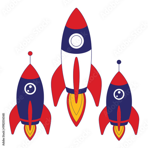 cartoon space rockets vector illustration in red white and blue colors for space exploration, launch, and adventure design