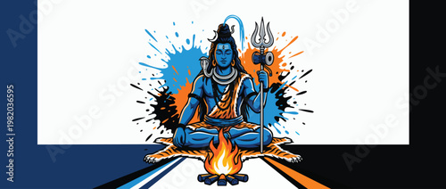 Respectful Shiva Figure with Trident Crescent Moon Sacred Fire Accents Meditation