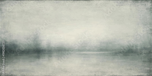 Abstract a serene lake landscape shrouded in a mysterious fog, with trees appearing as gentle outlines, captured in a monochrome, evokes feelings of tranquility and solitude. 