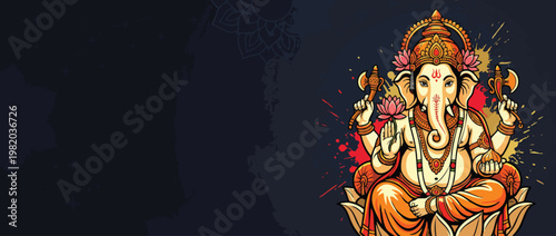 Ganesha Elephant Head Figure with Lotus Accents and Ornate Ornaments on Dark Background