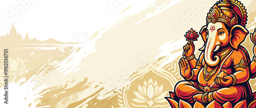 Ganesha Elephant Head Figure with Lotus Accents and Ornate Ornaments Vector Art Illustration