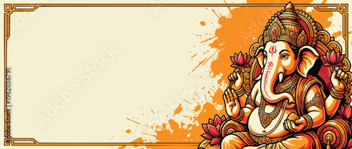 Ganesha Elephant Head Figure with Lotus Accents and Ornate Ornaments Temple Banner