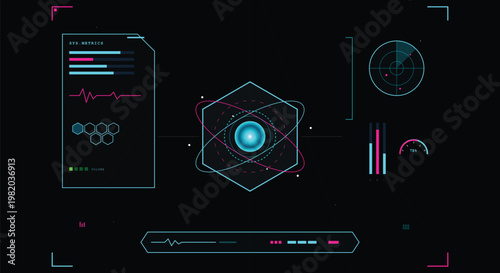 Futuristic head up display interface with digital sys metrics radar and hexagon core element for advanced data visualization tech concept