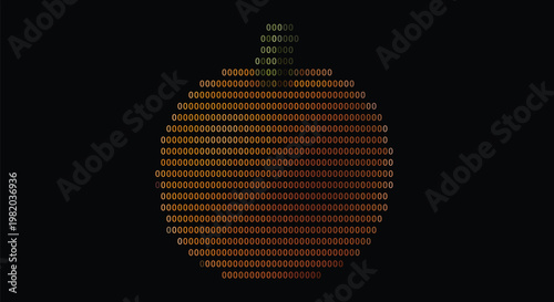 Digital art representation of a round Orange created using rows of numeric zeros on a dark black background