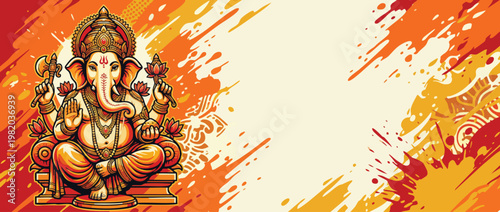 Ganesha Elephant Head Sitting Lotus Accents Ornate Ornaments Artful Vector Illustration