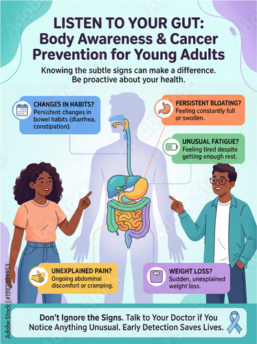 Listen to your gut body awareness and cancer prevention infographic for young adults, early detection saves lives