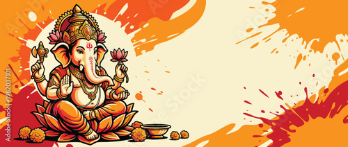 Ganesha Illustration with Elephant Head Adorned with Lotus Accents and Ornate Ornaments