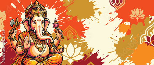 Ganesha Illustration with Elephant Head and Lotus Accents for Cultural Design