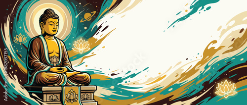 Gautama Buddha Figure with Lotus Motifs in Serene Meditative Posture Illustration Banner
