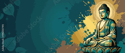 Gautama Buddha Figure with Lotus Illustration and Serene Posture