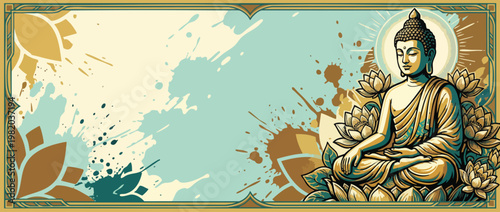 Gautama Buddha Figure with Lotus Motifs Serene Posture Splash Art Design