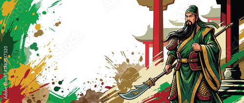 Guan Yu Figure with Ceremonial Blade and Flowing Robes on Splatter Background