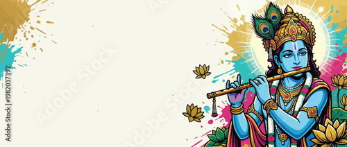 Krishna Figure Playing Flute with Peacock Feather Accents and Lotus Flowers