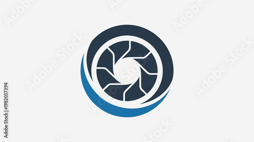 A minimalist logo design featuring a camera shutter in navy blue within a larger circle.