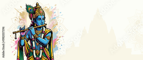 Krishna Figure Playing Flute with Peacock Feather Accents for Spiritual Content