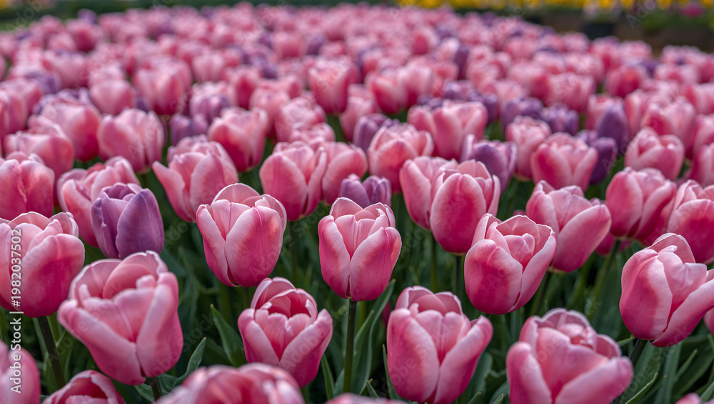 Obraz premium ピンクと紫のチューリップが咲く春の花壇の華やかな風景