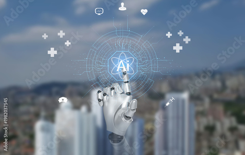 AI Healthcare Technology with Robotic Hand, Medical Artificial Intelligence, Digital Health Innovation and Smart Medical System Interface