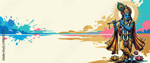 Krishna Playing Flute with Peacock Feather and Lotus in Colorful Graphic Design