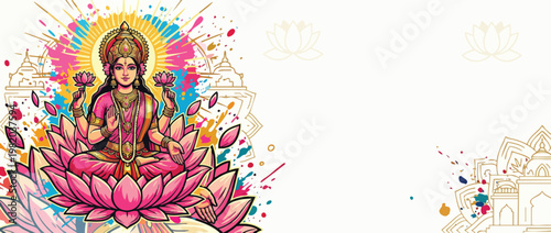 Lakshmi Goddess on Lotus with Colorful Splashes and Temple Outlines