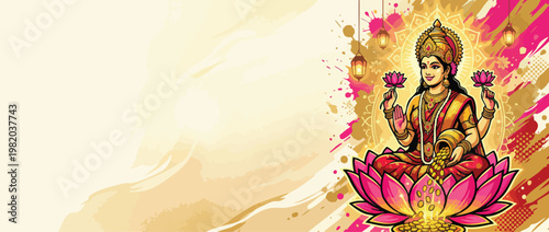 Lakshmi Sitting on Lotus Flower with Gold Coins and Ornate Background Use for Festivals