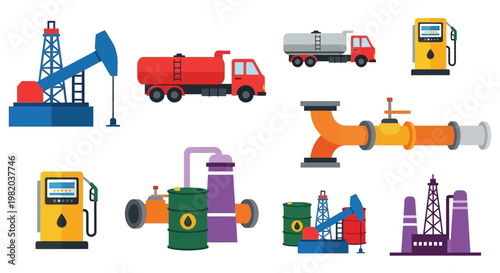 Industrial oil and gas equipment colorful flat icons set for energy industry