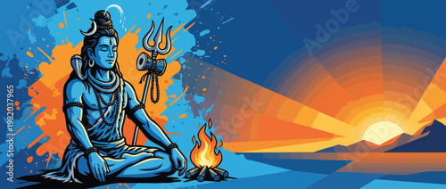 Meditating Shiva Figure with Trident Crescent Moon Sacred Fire and Sunrise Background