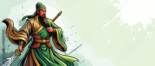 Noble Chinese Warrior Figure with Ceremonial Great Sword and Flowing Robes