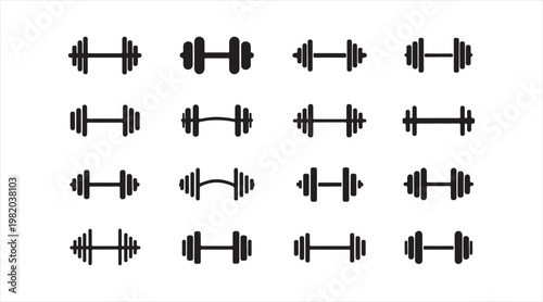 Dumbbell and barbell weight icons set for fitness and strength training