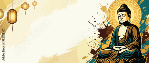 Religious Gautama Buddha Figure Serene Posture with Decorative Lanterns and Brushstrokes