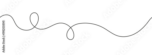 Horizontal continuous loop line on white background. Minimal black hand drawn squiggle with curls. Simple vector long line pattern